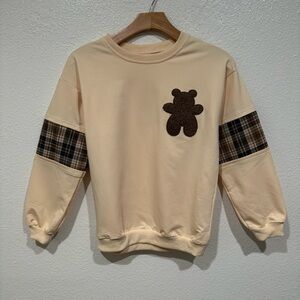 kids beige brown bear plaid long sleeve fleece sweater sweatshirt top shirt